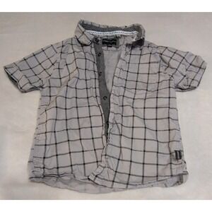 Kenneth Cole Button Down Shirt Boys 7 Grey Black Windowpane Good Short Sleeve